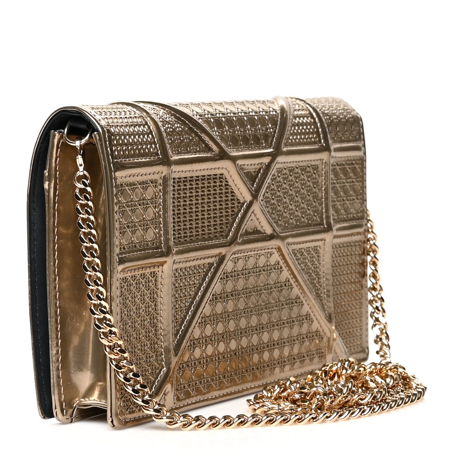 Christian Dior Metallic Patent Micro-Cannage Diorama Wallet on Chain Pouch Gold 3 of 10