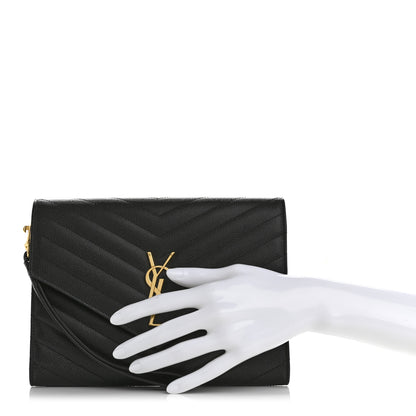 Saint Laurent Grain De Poudre Matelasse Chevron Monogram Envelope Clutch Black 2 of 12