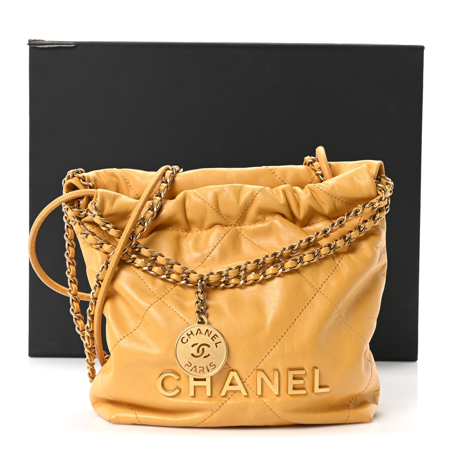 Shiny Calfskin Quilted Mini Chanel 22 Yellow