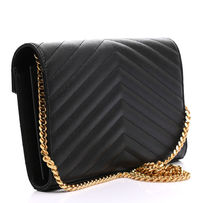 Saint Laurent Grain De Poudre Matelasse Chevron Monogram Chain Wallet Black 3 of 8