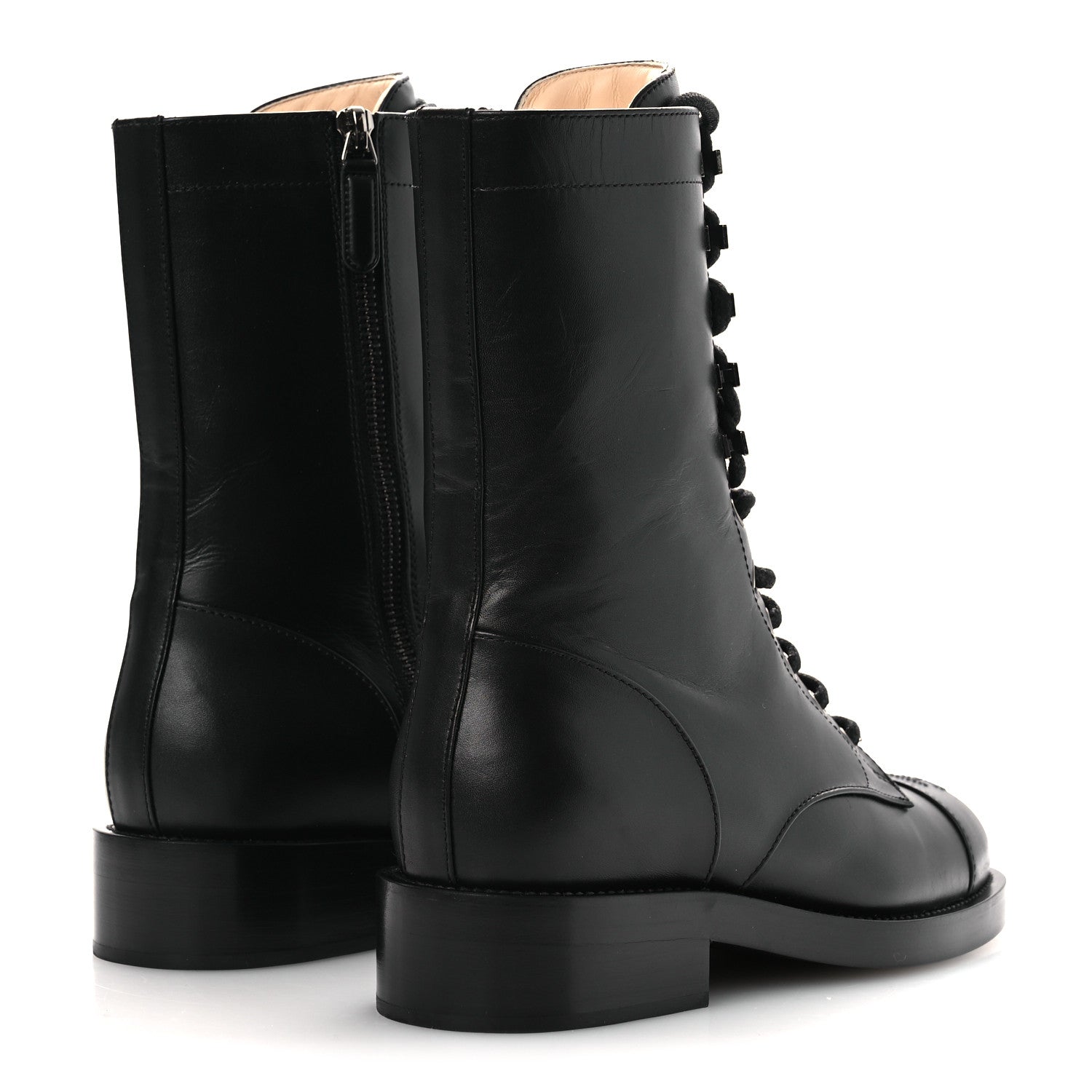 Chanel Calfskin Cap Toe Lace Up Combat Boots 37.5 Black 1821129