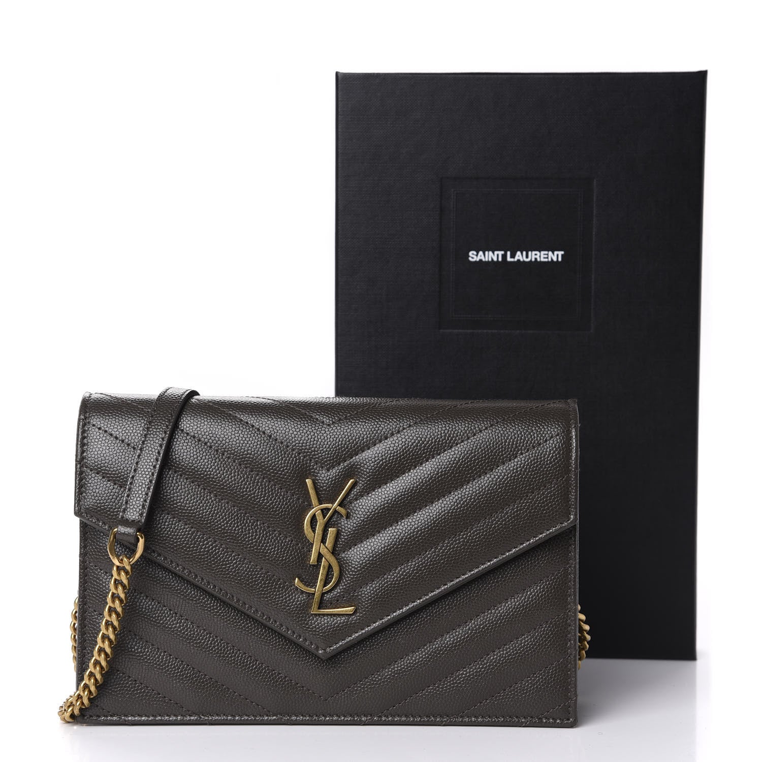 Saint Laurent Grain De Poudre Matelasse Chevron Monogram Envelope Chain Wallet Pebble 11 of 11