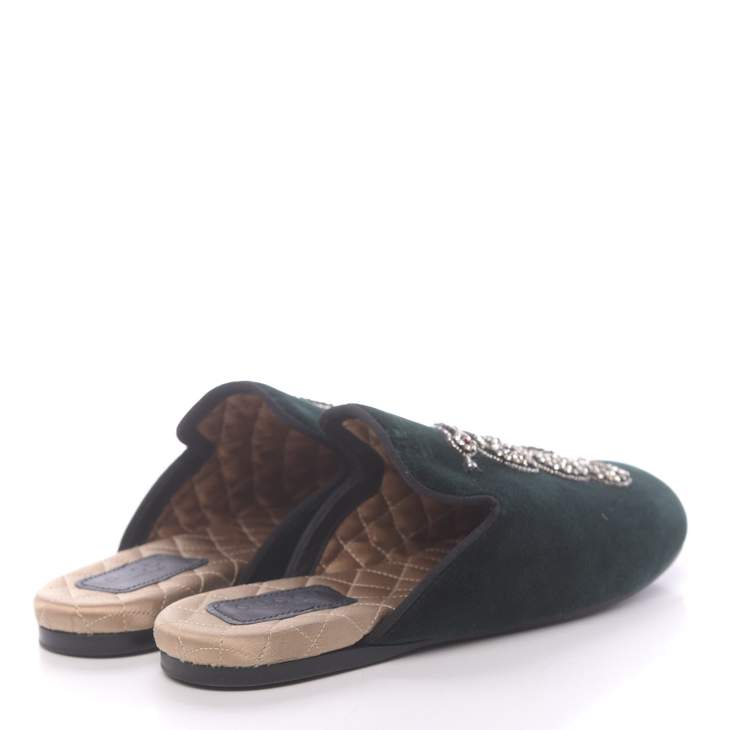 Gucci Velvet Crystal Snake Embroidered Womens Slippers 35 Dark Green 4 of 9
