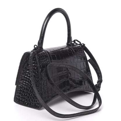 Balenciaga Shiny Calfskin Monochrome Crocodile Embossed Small Hourglass Top Handle Bag Black 3 of 9