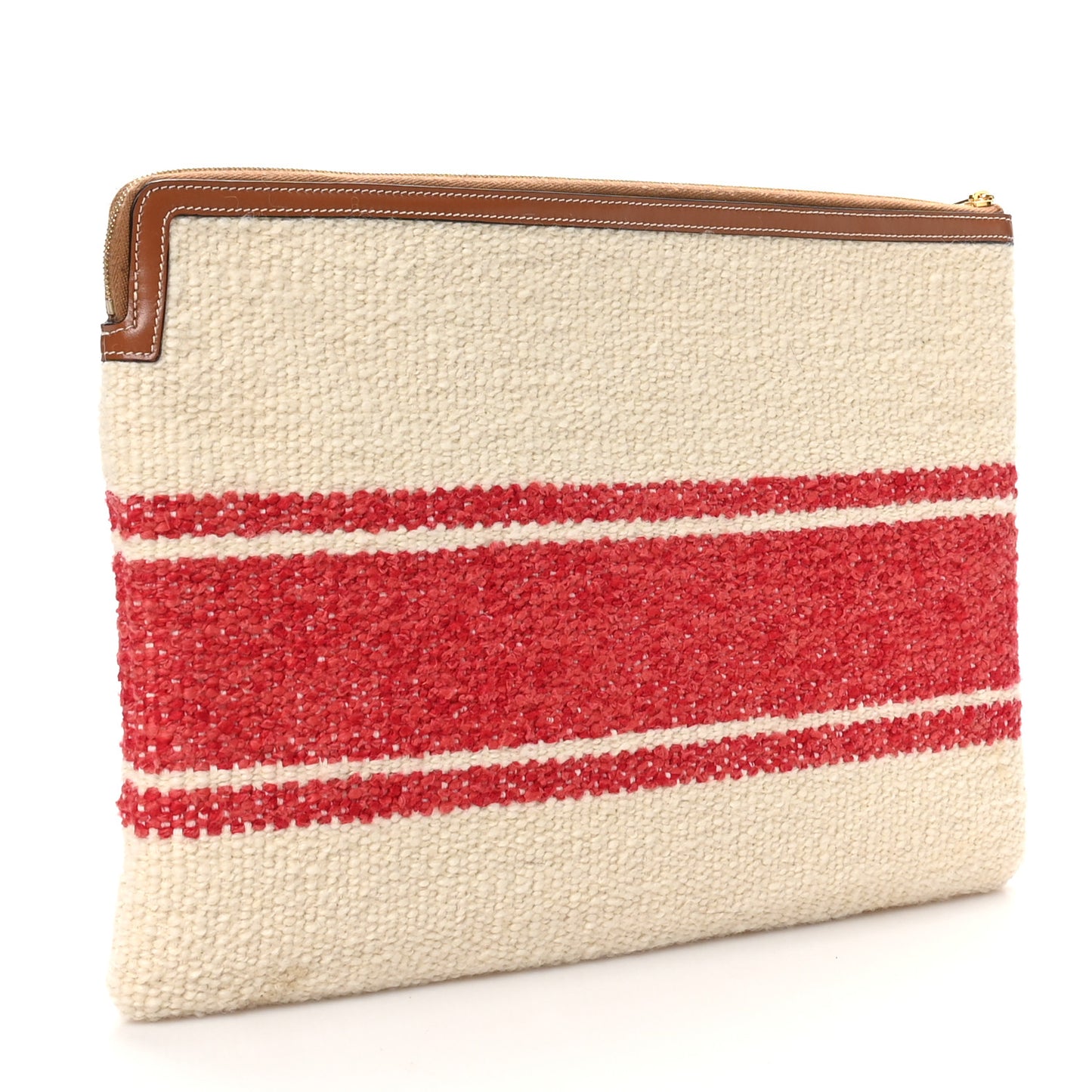 All Over Textile Calfskin Striped Large Pouch Beige Red