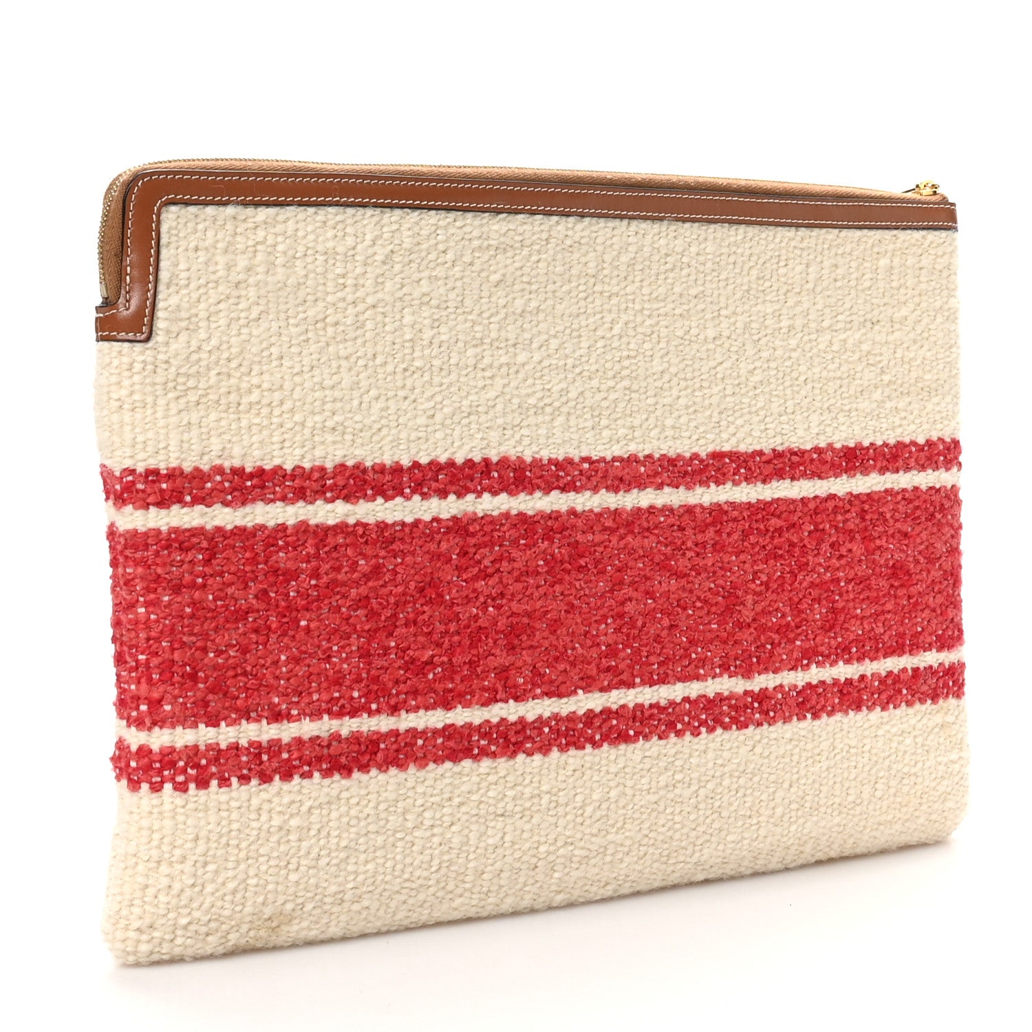 Celine All Over Textile Calfskin Striped Large Pouch Beige Red 3 of 8