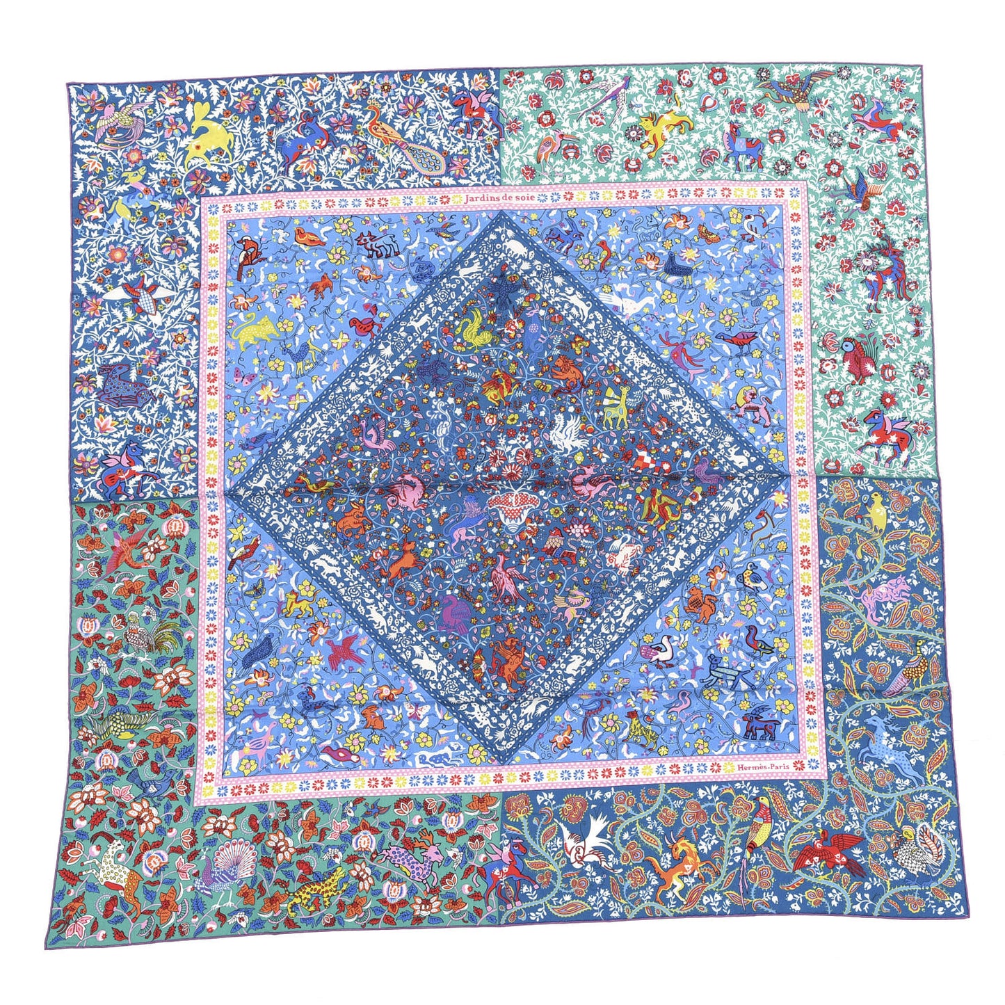 Cashmere Silk Jardins De Soie Shawl 140 Bleu Vert Rose