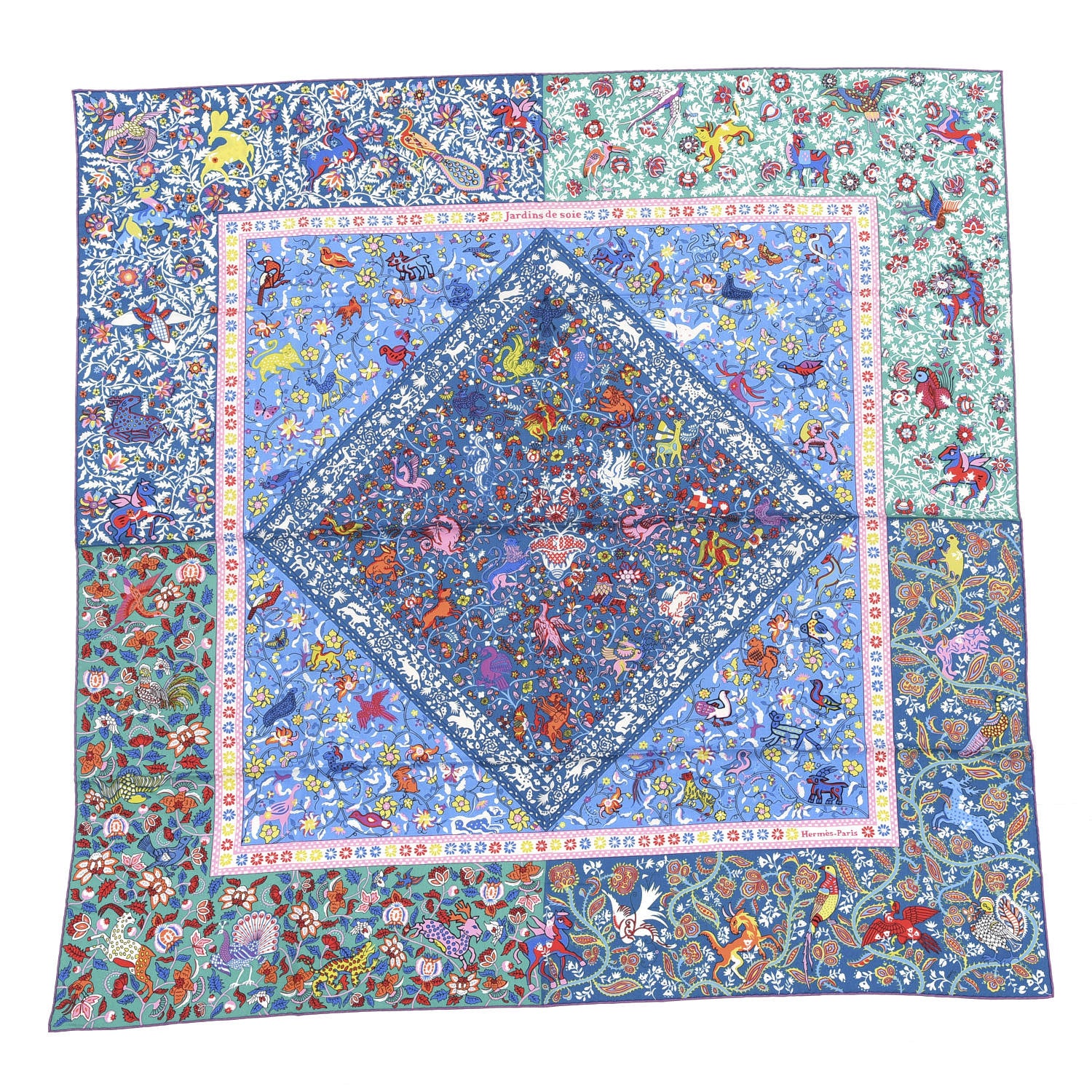 Hermes Cashmere Silk Jardins De Soie Shawl 140 Bleu Vert Rose 1 of 5