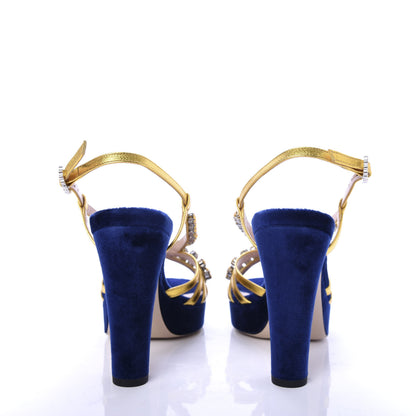 Gucci Velvet Crystal Zephyra Slingback Platform High Heel Sandals 36 Blue Gold 6 of 9