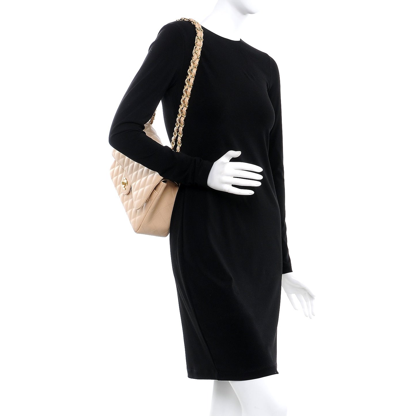Caviar Quilted Jumbo Double Flap Beige Clair