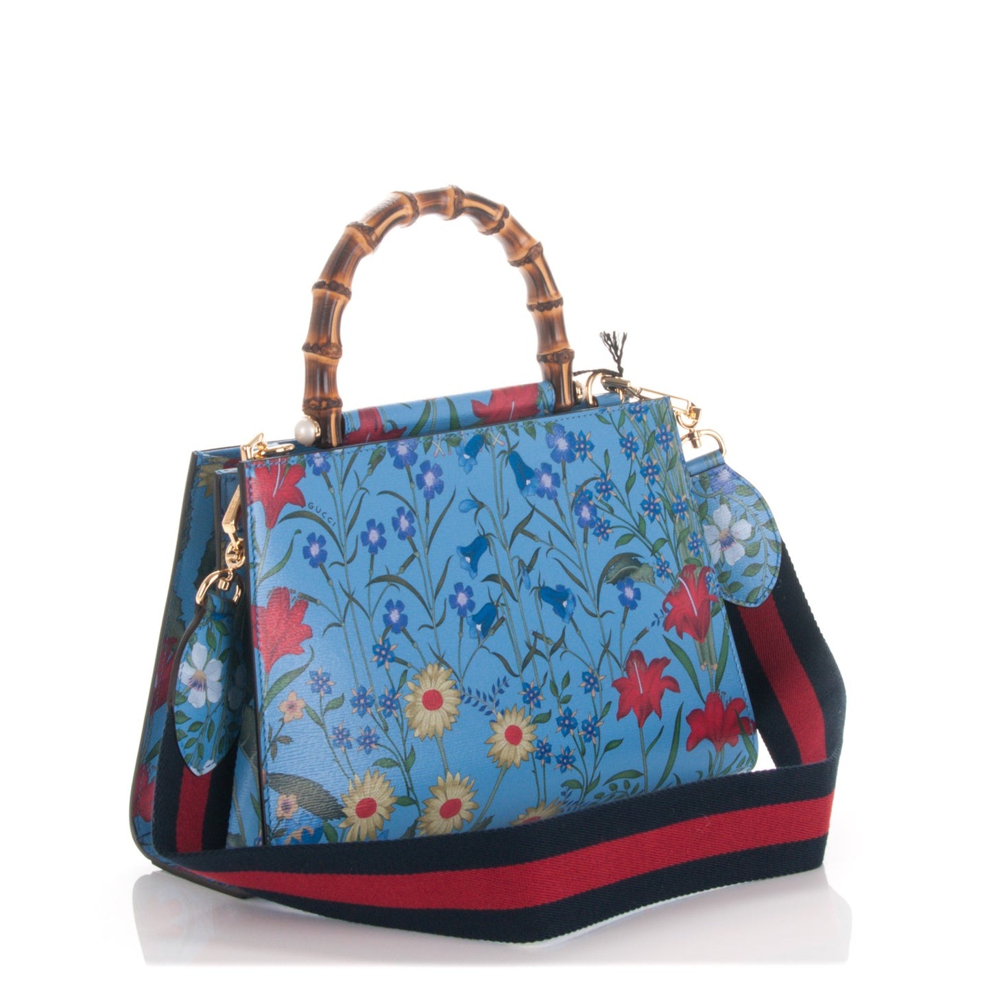 Calfskin Bamboo Web New Flora Small Nymphaea Top Handle Bag Azure