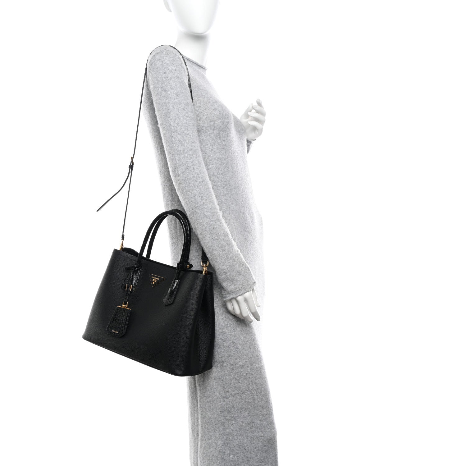 Prada Saffiano Cuir Crocodile Medium Double Bag Black 2 of 10