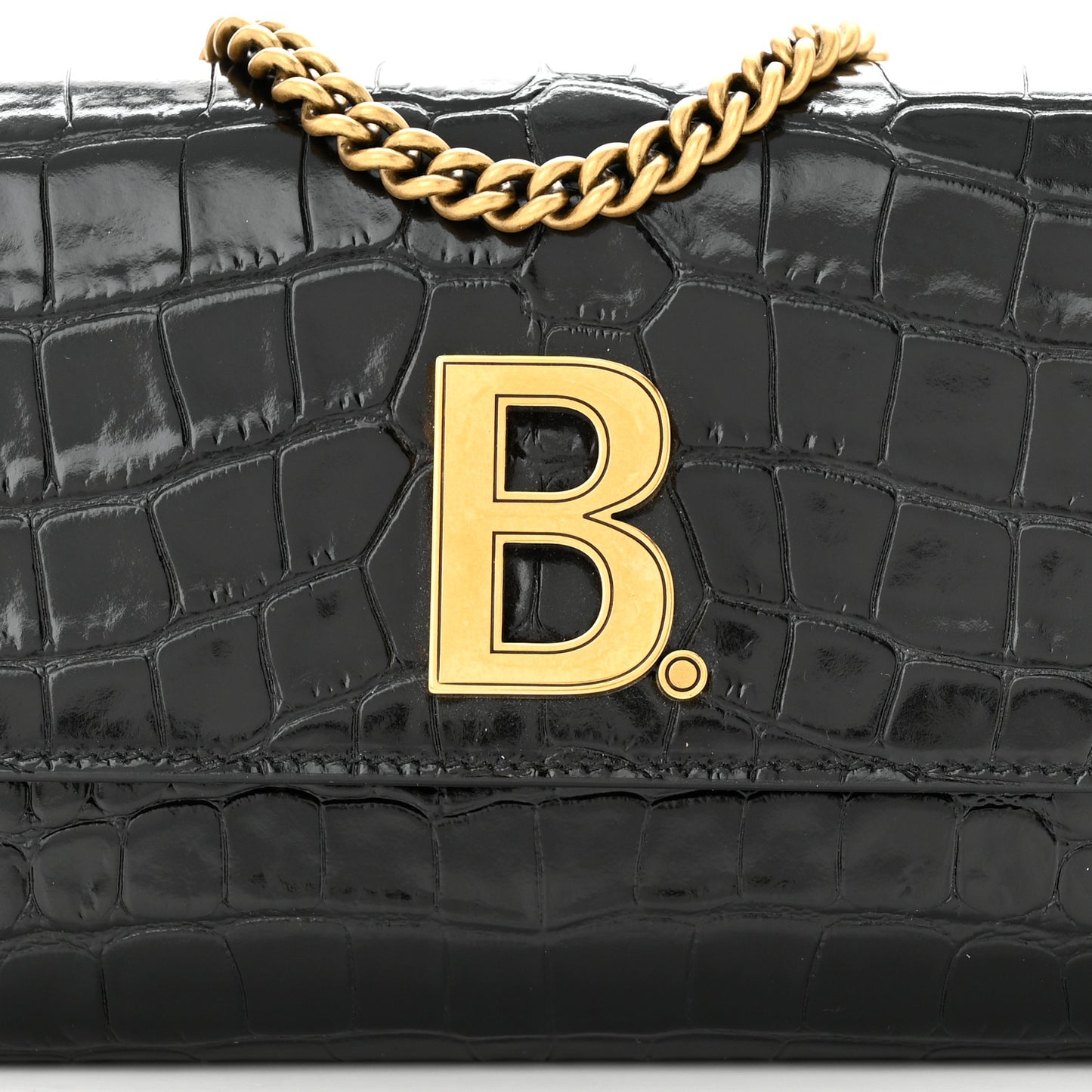 Shiny Calfskin Crocodile Embossed B Continental Chain Bag Black