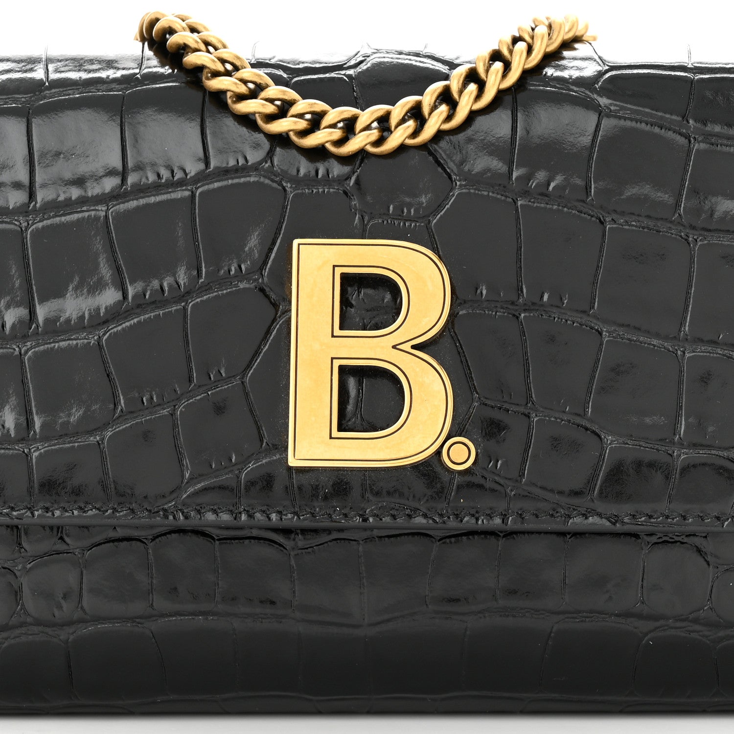 Balenciaga Shiny Calfskin Crocodile Embossed B Continental Chain Bag Black 8 of 10