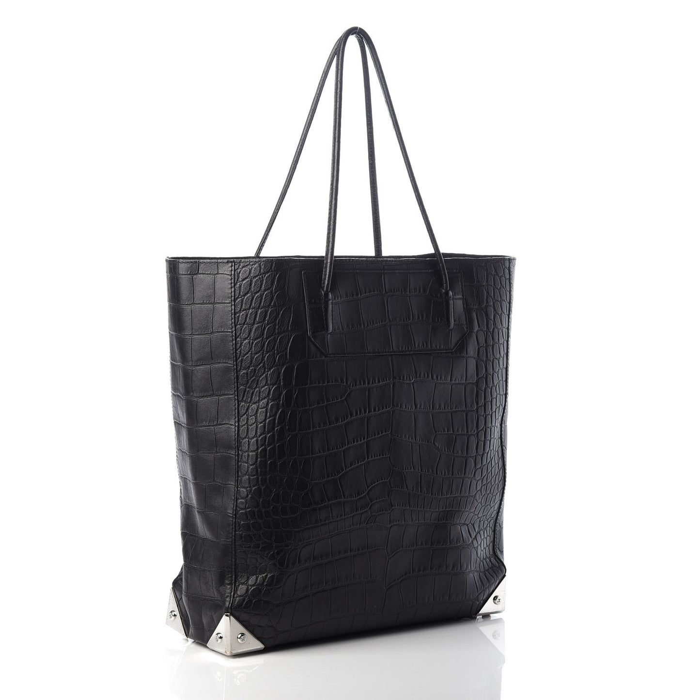 Calfskin Crocodile Embossed Prisma Skeletal Tote Black Silver Hardware