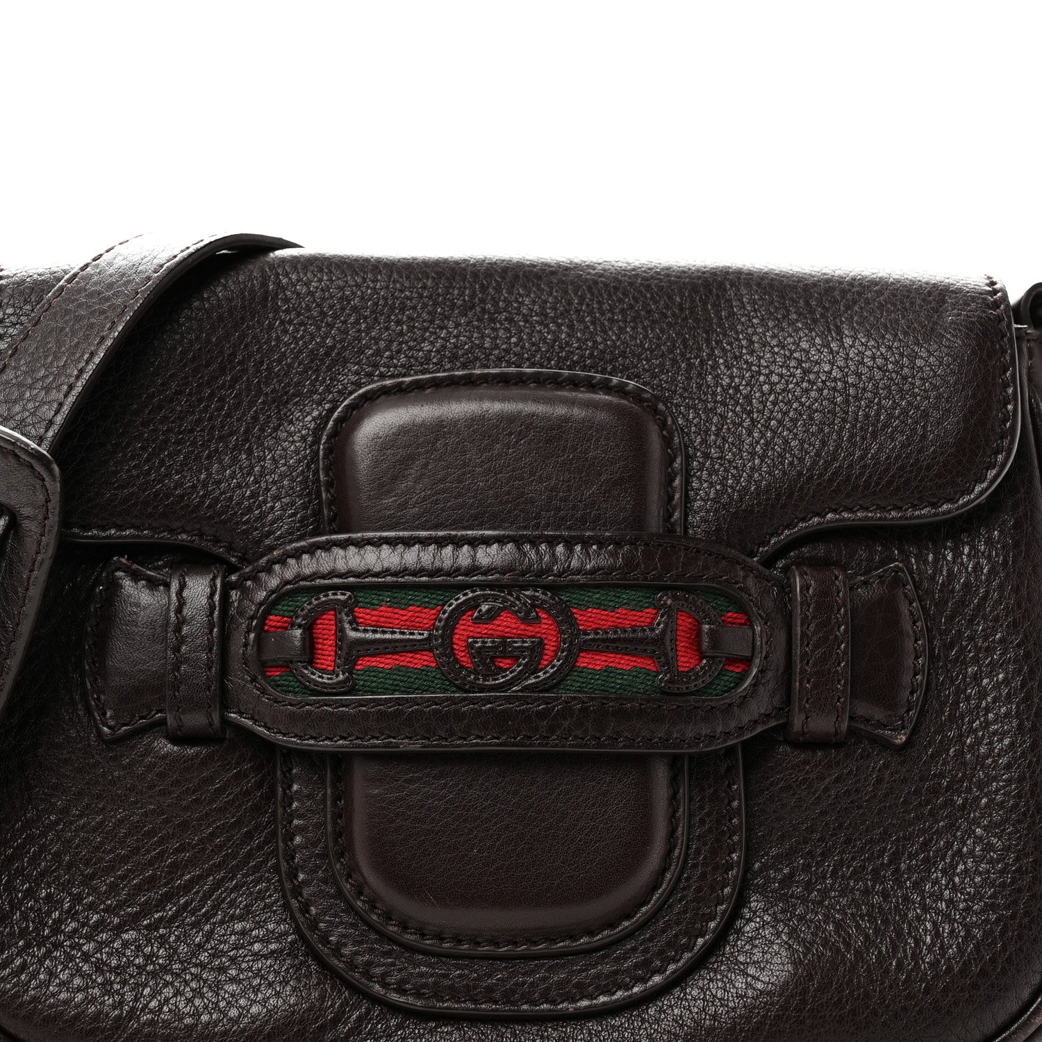 Gucci Pebbled Calfskin Web Small Dressage Shoulder Bag Dark Brown 8 of 10