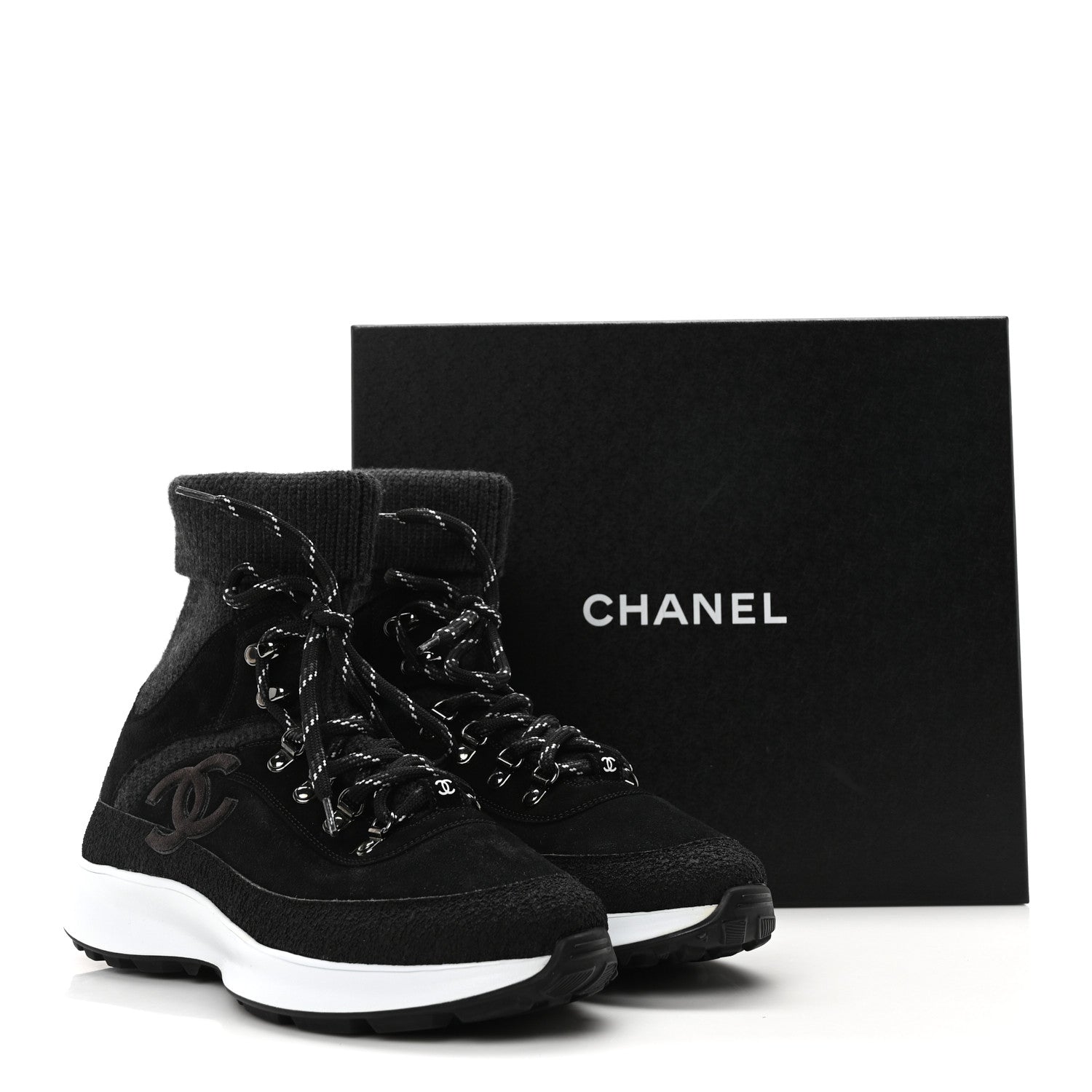 Chanel Suede Calfskin Knit CC Sneakers 40 Black Dark Gray 9 of 9