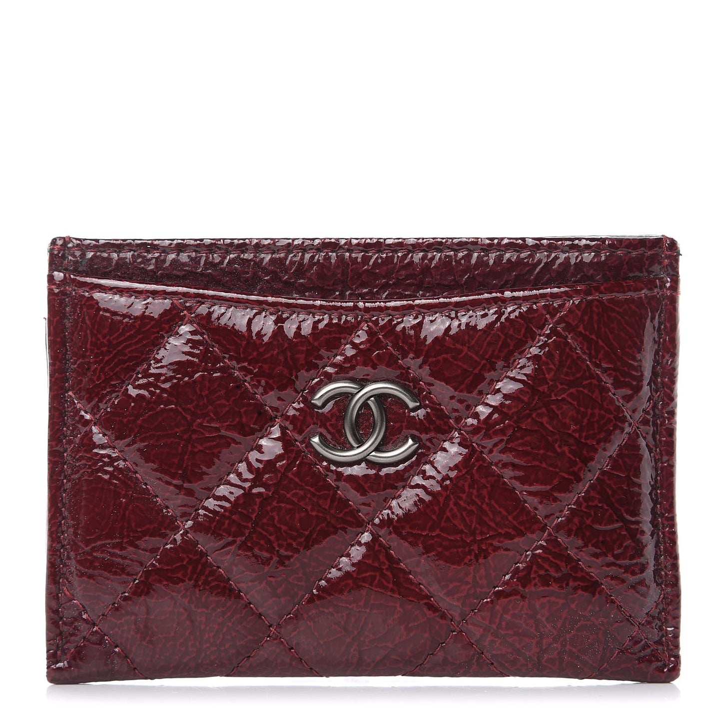 Distressed Patent Quilted Card Holder Bordeaux