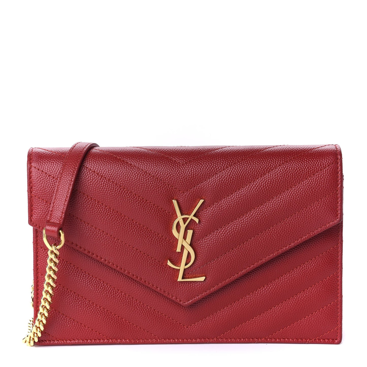 Grain De Poudre Matelasse Chevron Monogram Envelope Chain Wallet New Red