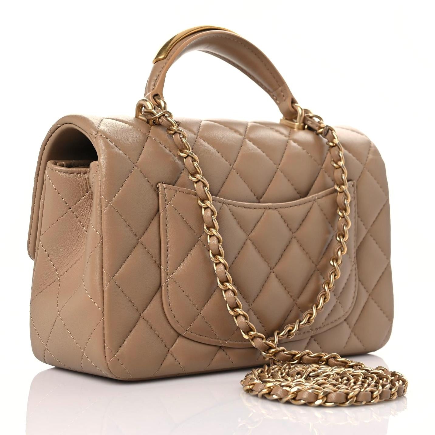 Lambskin Quilted Metal Mini Top Handle Rectangular Flap Beige