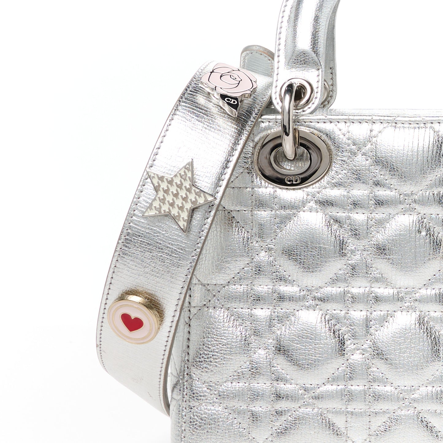 Metallic Grained Calfskin Cannage Small Lucky Badges My Lady Dior Silver