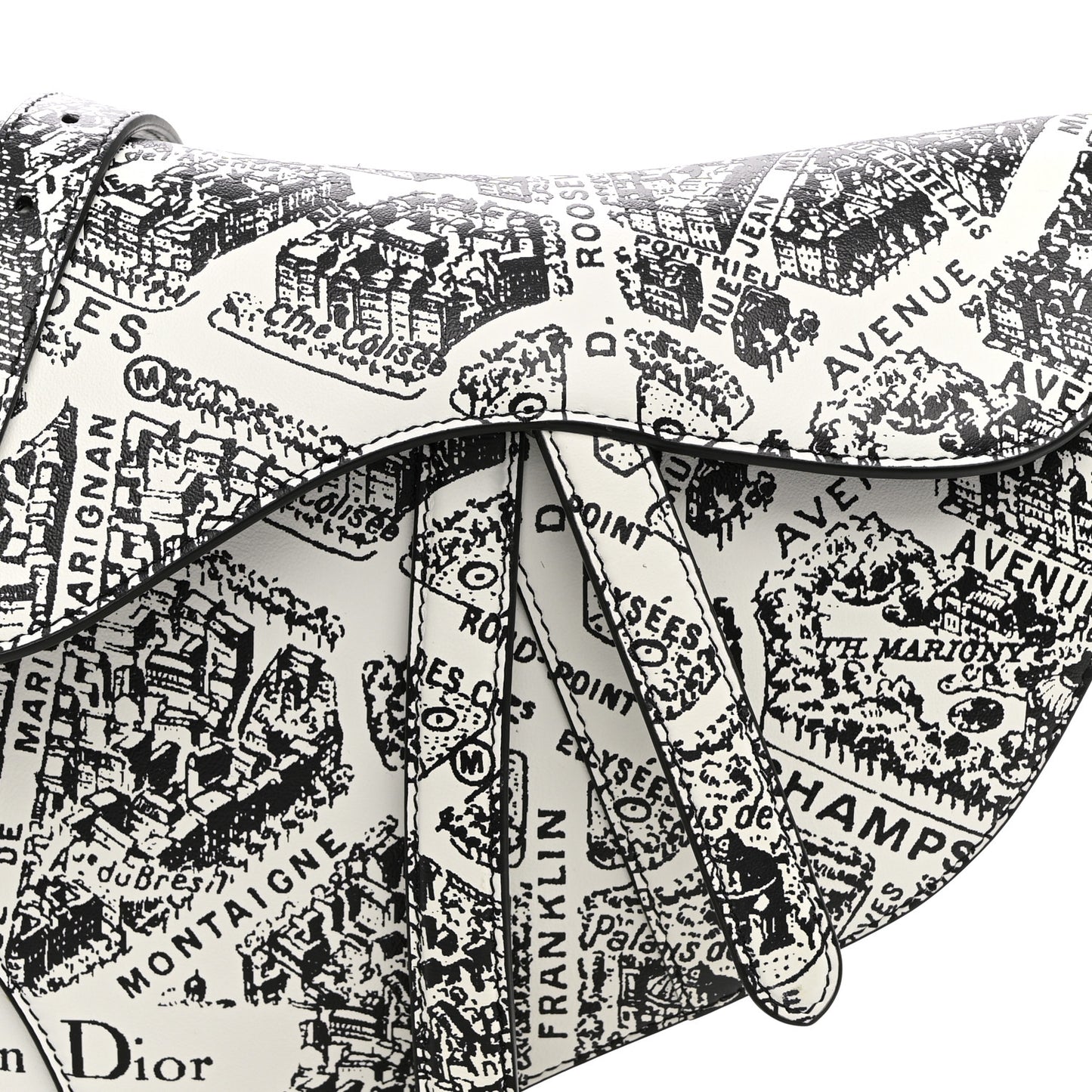 Calfskin Plan De Paris Printed Saddle Bag With Strap White Black