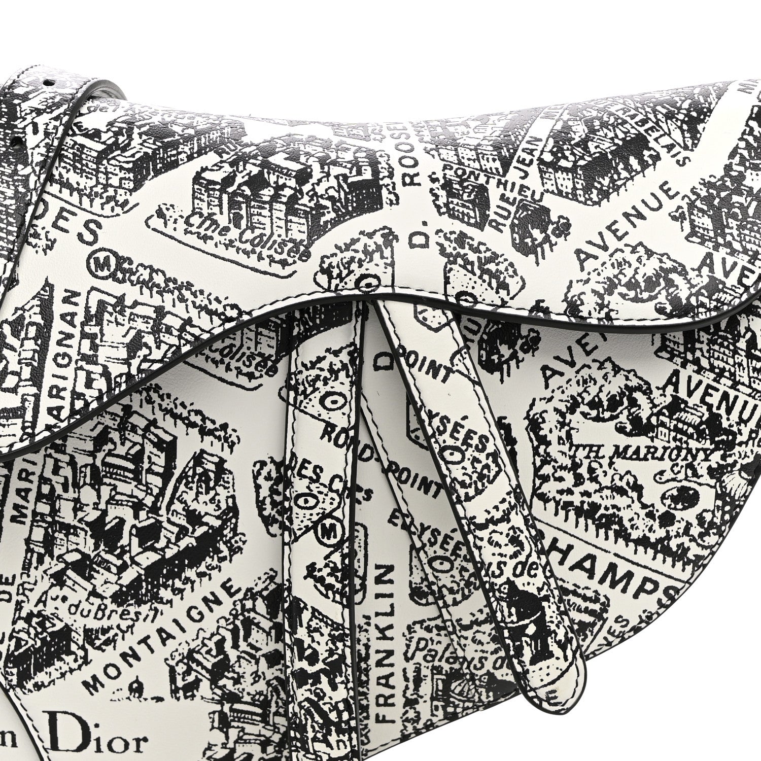 Christian Dior Calfskin Plan De Paris Printed Saddle Bag With Strap White Black 8 of 10
