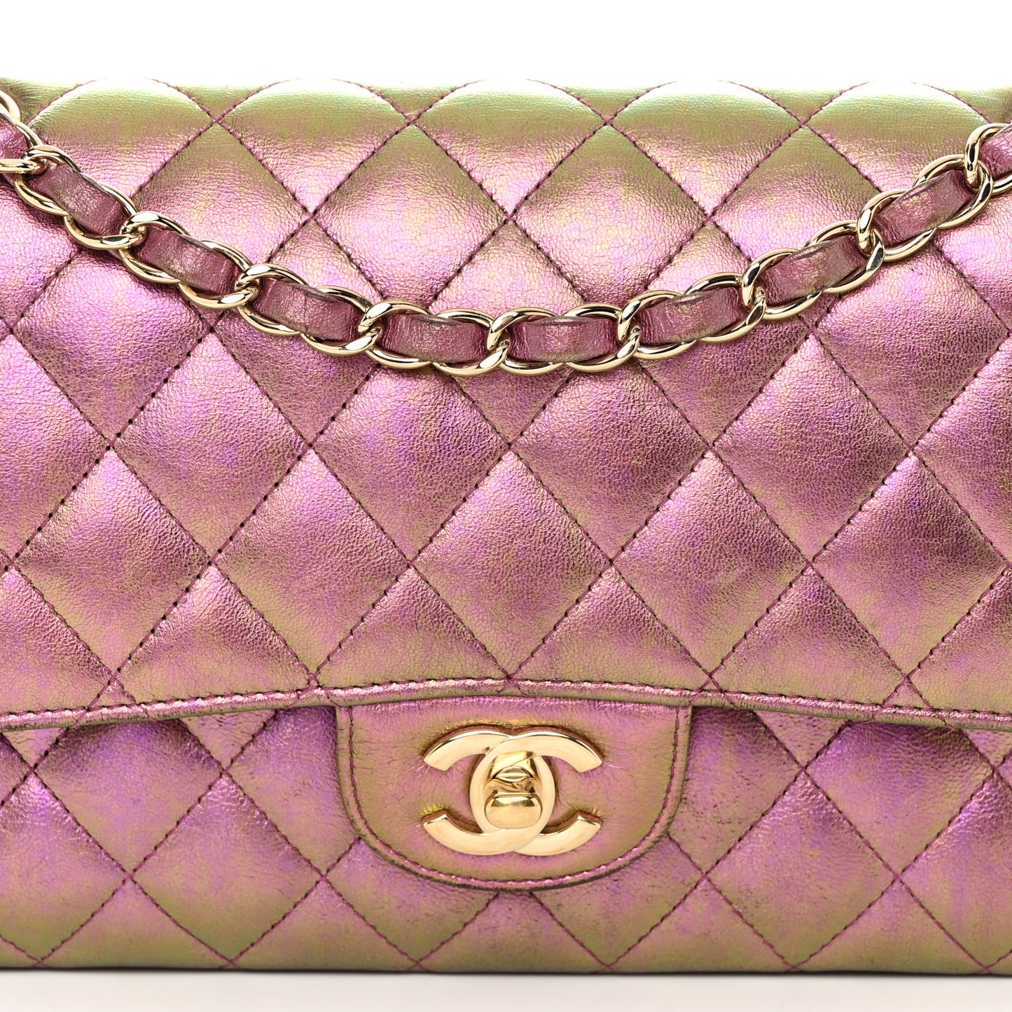 Iridescent Lambskin Quilted Medium Double Flap Purple