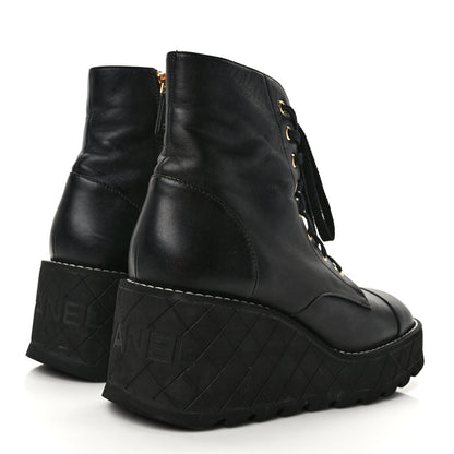 Chanel Lambskin Quilted Lace Up Wedge Combat Boots 39.5 Black 4 of 6