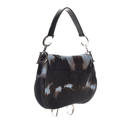 Christian Dior Pony Hair Double Saddle Bag Blue Brown 3 of 11