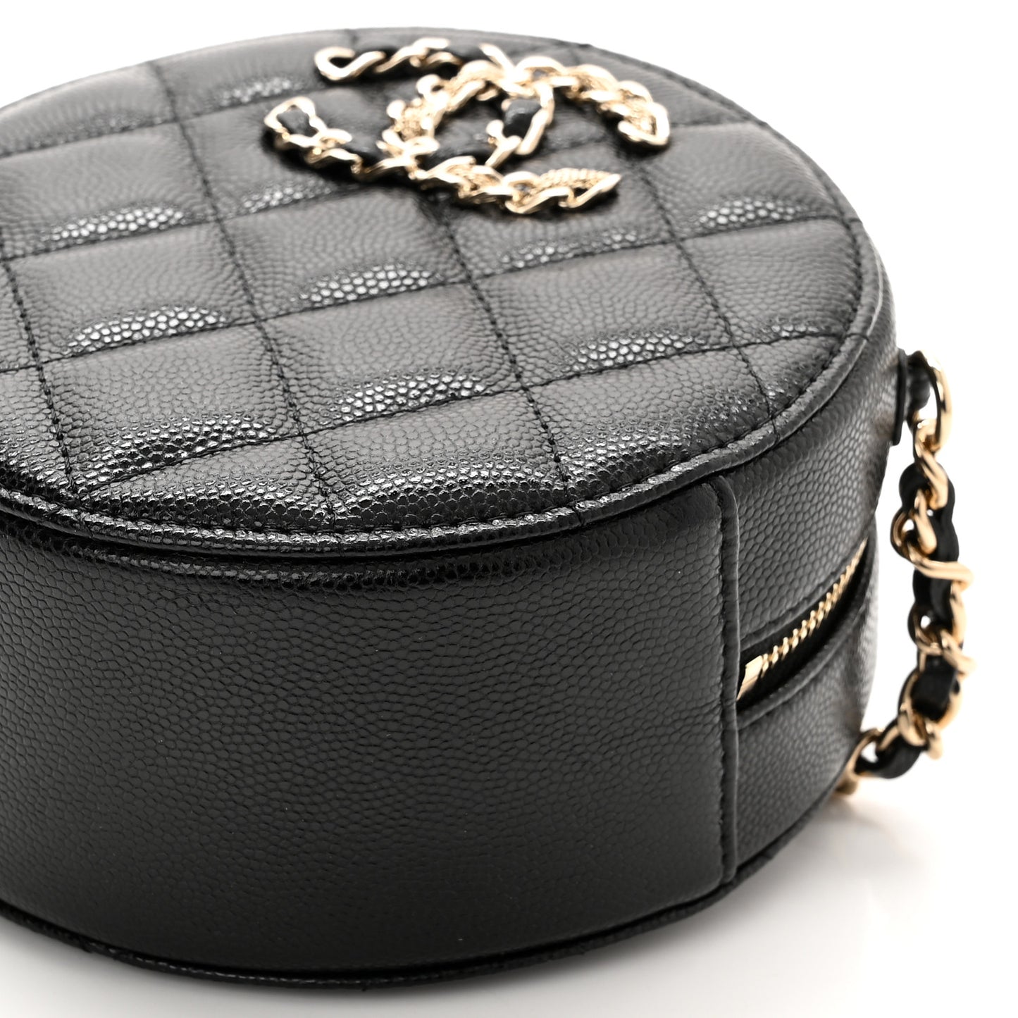 Caviar Quilted French New Wave Round Clutch With Chain Black