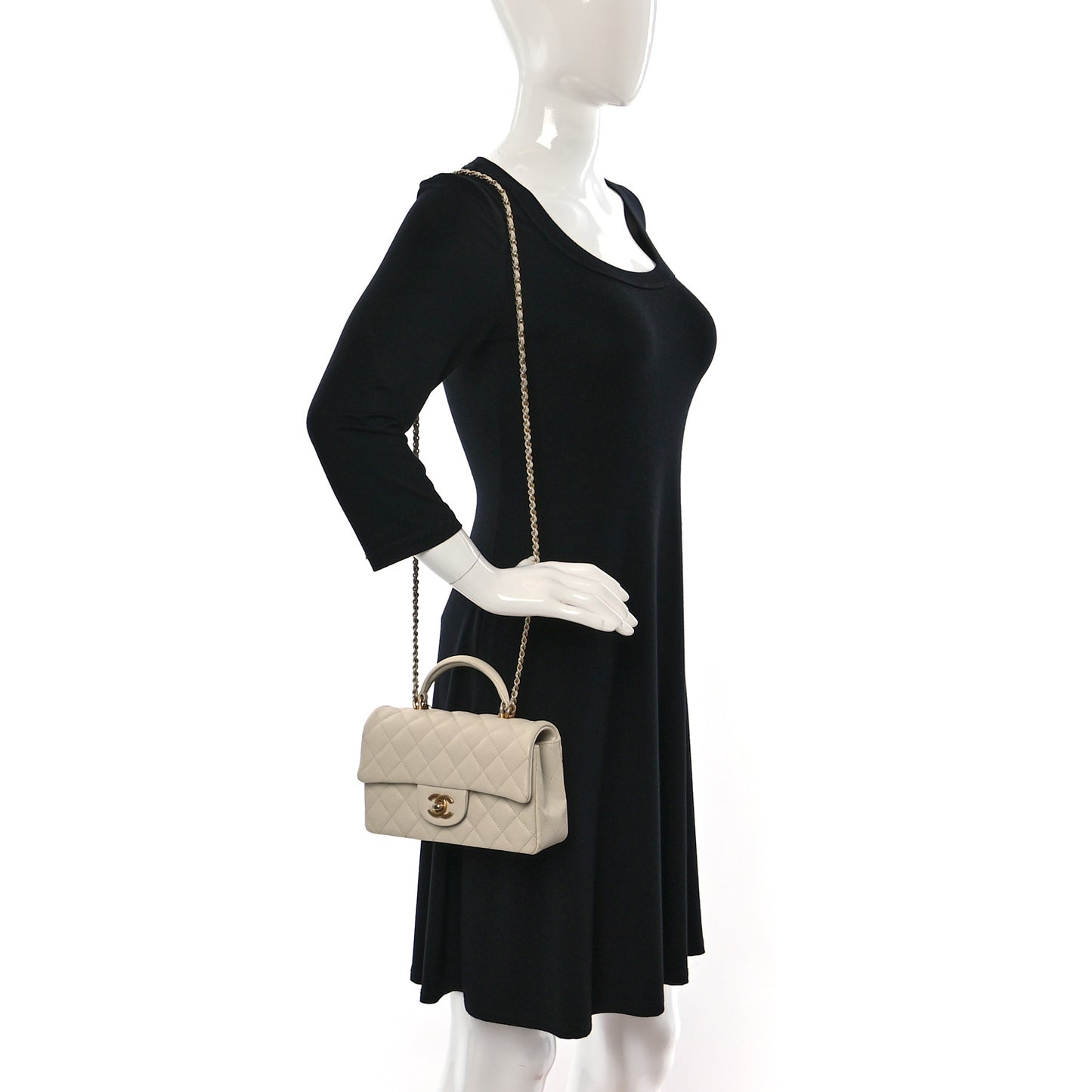 Caviar Quilted Mini Top Handle Rectangular Flap Beige
