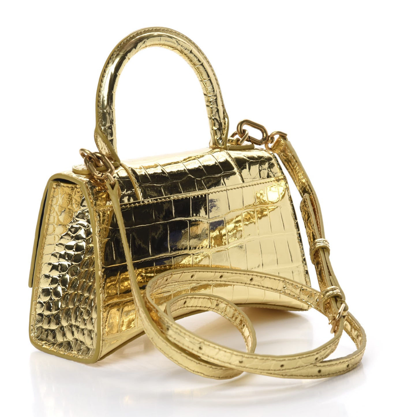 Metallic Calfskin Crocodile Embossed Hourglass Top Handle Bag XS Gold