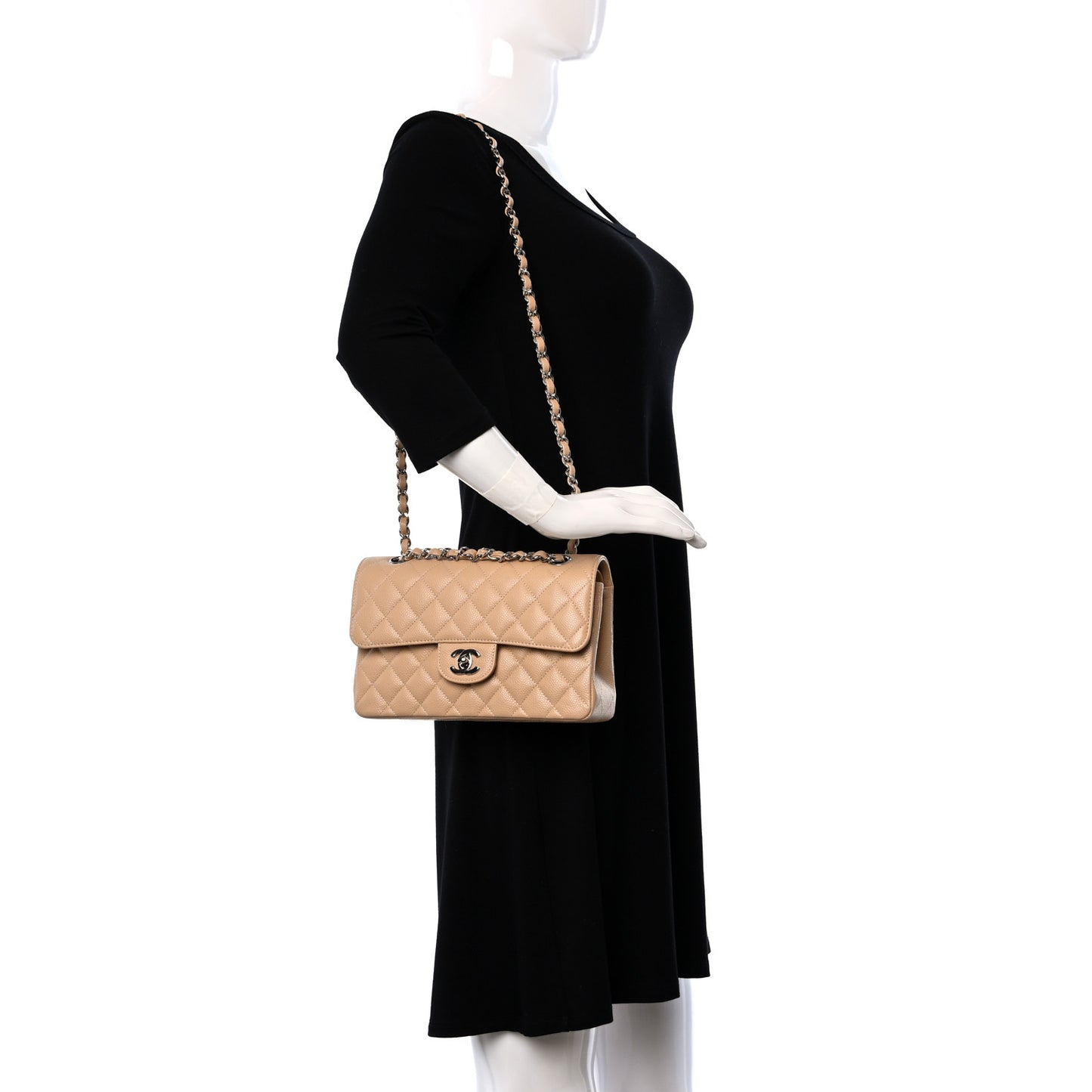 Caviar Quilted Small Double Flap Beige