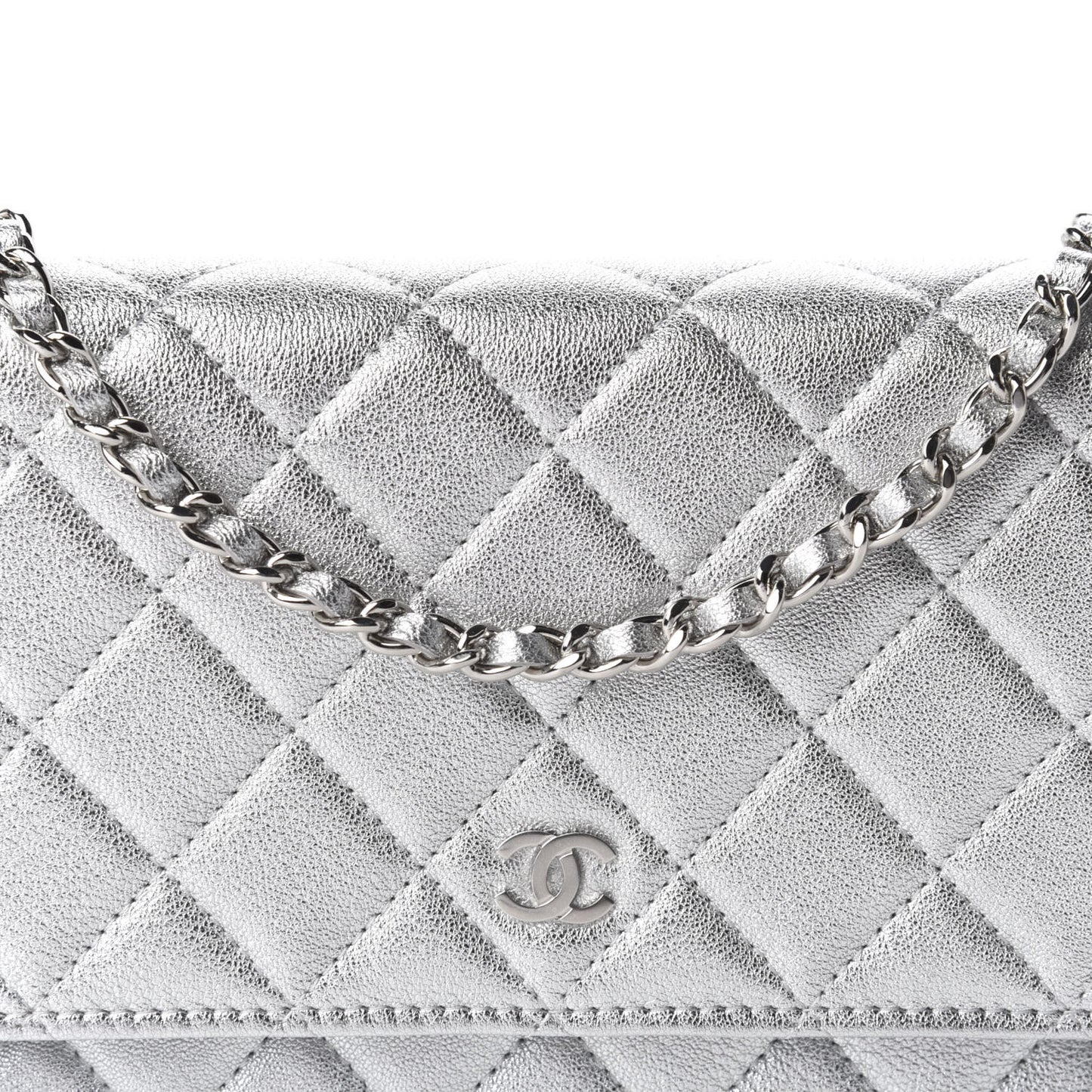 Metallic Lambskin Quilted Wallet On Chain WOC Silver