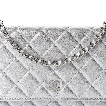 Chanel Metallic Lambskin Quilted Wallet On Chain WOC Silver 11 of 12