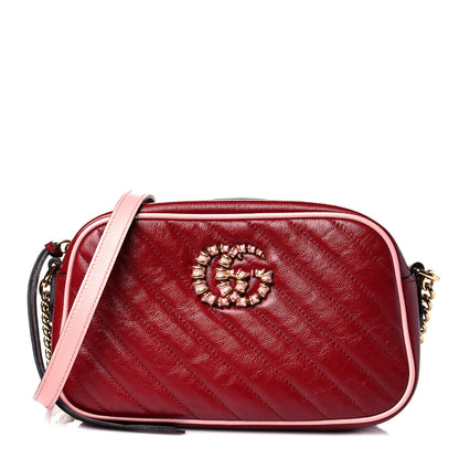 Gucci Azalea Calfskin Enamel Matelasse Diagonal Small Torchon GG Marmont Chain Shoulder Bag New Cherry Red Wild Rose 1 of 12