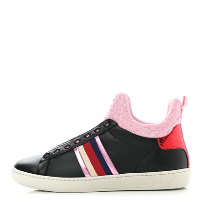 Gucci Calfskin Lace Ayers Sylvie Web Womens New Ace High Top Sneakers 35.5 Black 1 of 8