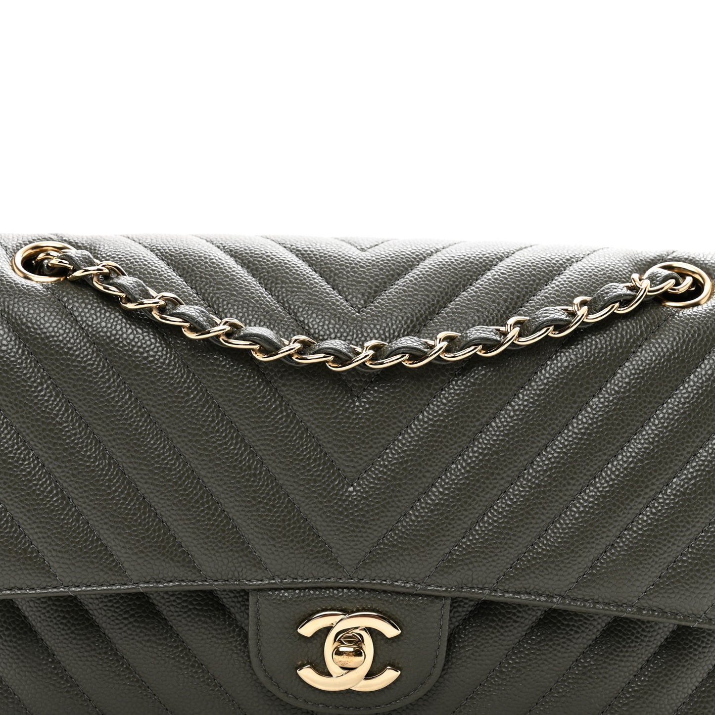 Caviar Chevron Quilted Medium Double Flap Dark Grey