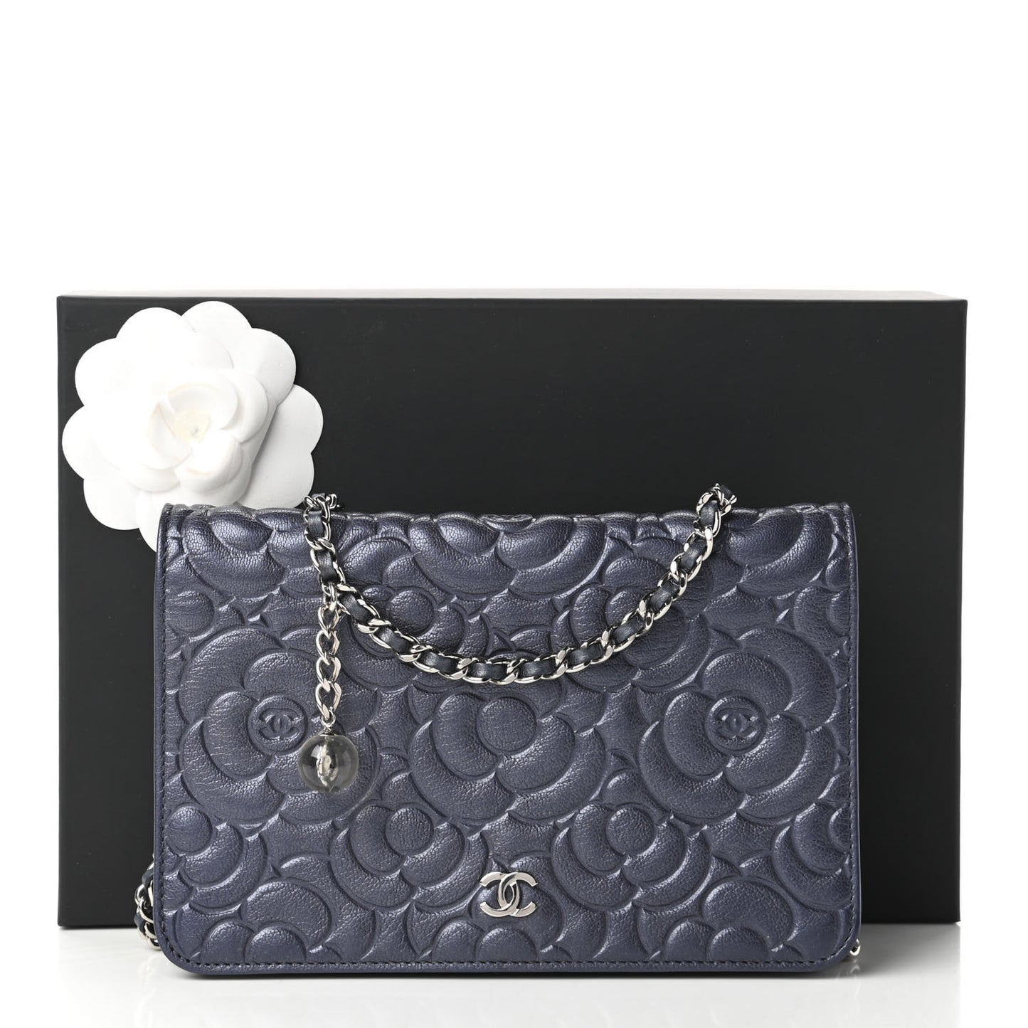 Goatskin Camellia Embossed Wallet On Chain WOC Blue