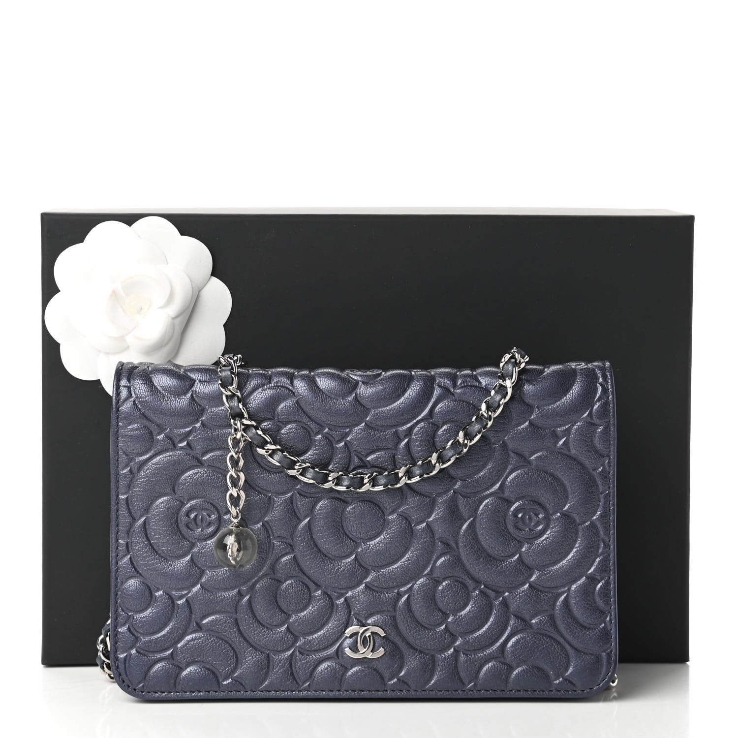Chanel Goatskin Camellia Embossed Wallet On Chain WOC Blue 12 of 12