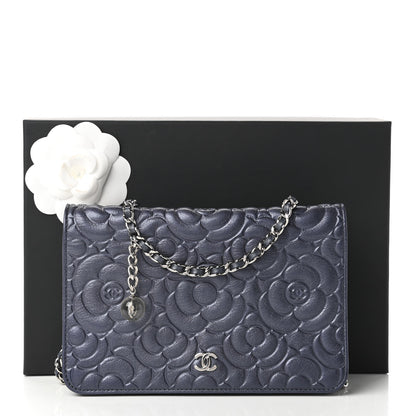 Chanel Goatskin Camellia Embossed Wallet On Chain WOC Blue 12 of 12
