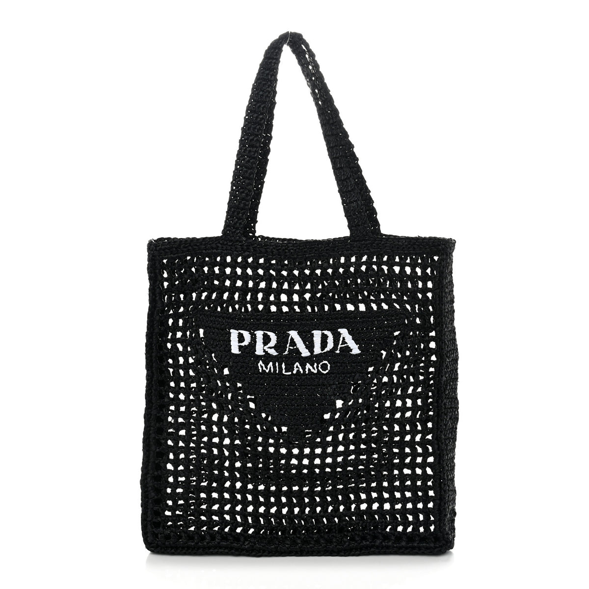 Yarn Raffia Effect Crochet Logo Embroidered Tote Bag Black