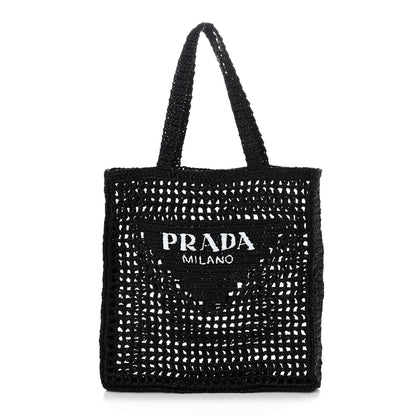 Prada Yarn Raffia Effect Crochet Logo Embroidered Tote Bag Black 1 of 9