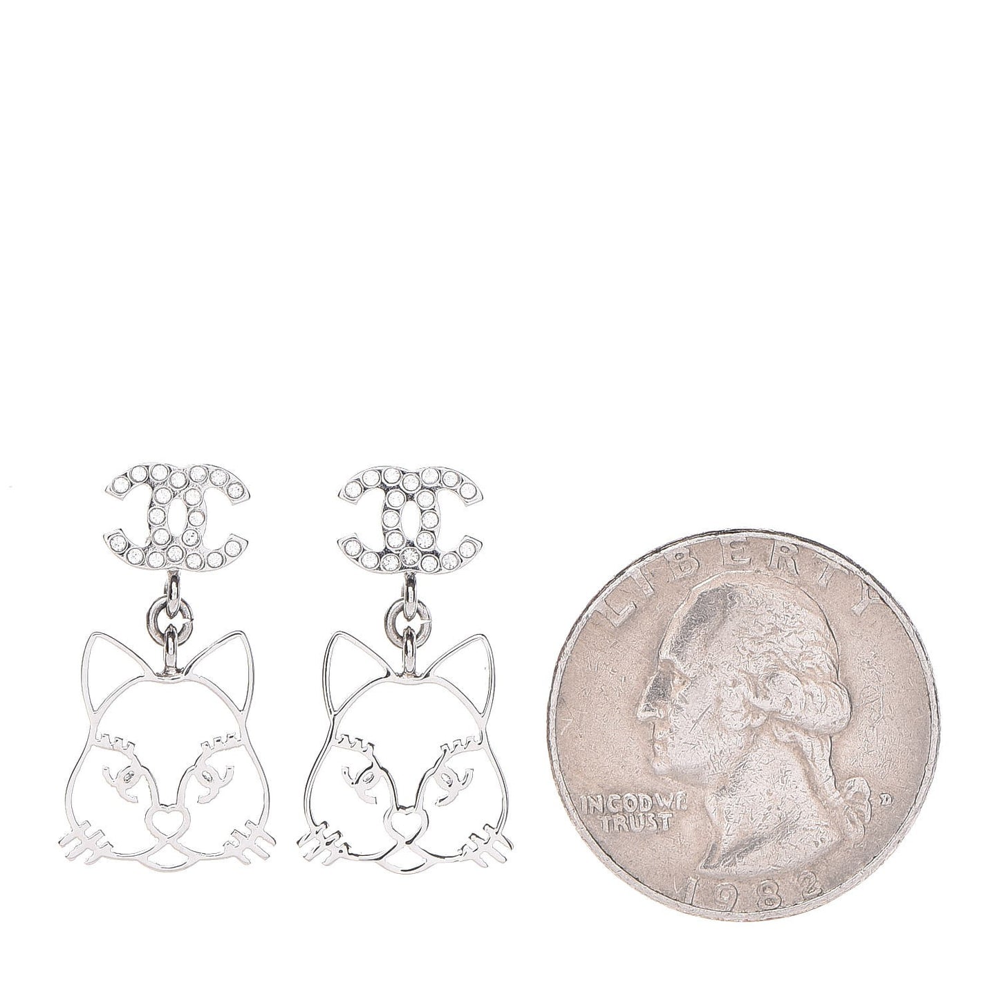 Crystal Emoji Choupette Cat CC Earrings Silver