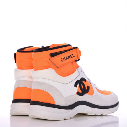Chanel Suede Calfskin Lambskin Neoprene High Top CC Sneakers 39 White Fluo Orange 4 of 9
