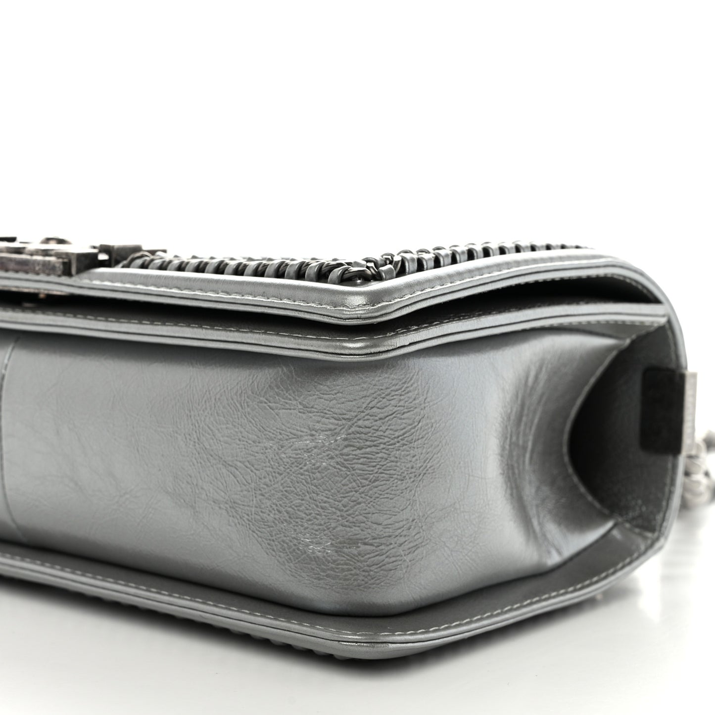 Metallic Aged Calfskin Quilted Medium Top Handle Boy Flap Silver