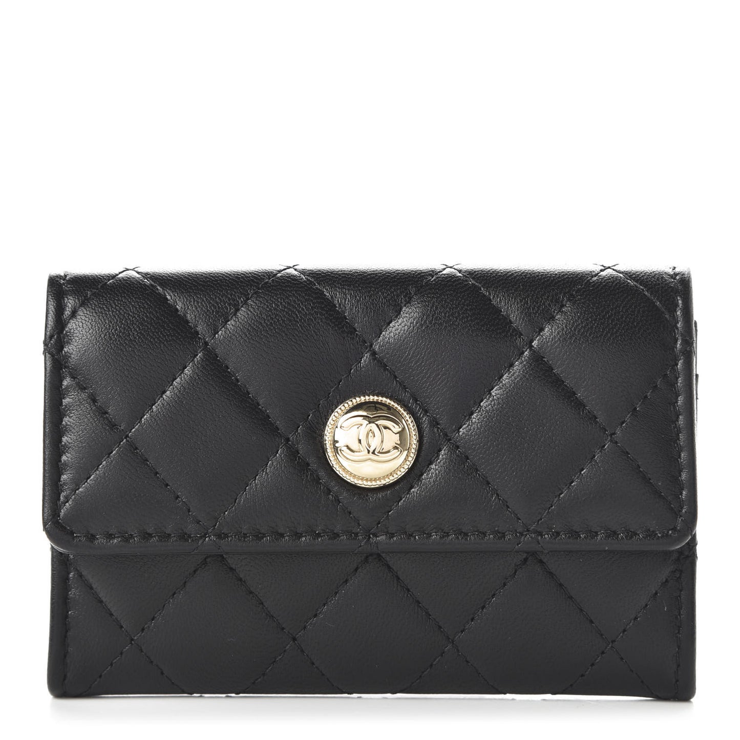 Lambskin Quilted CC Button Flap Card Holder Black