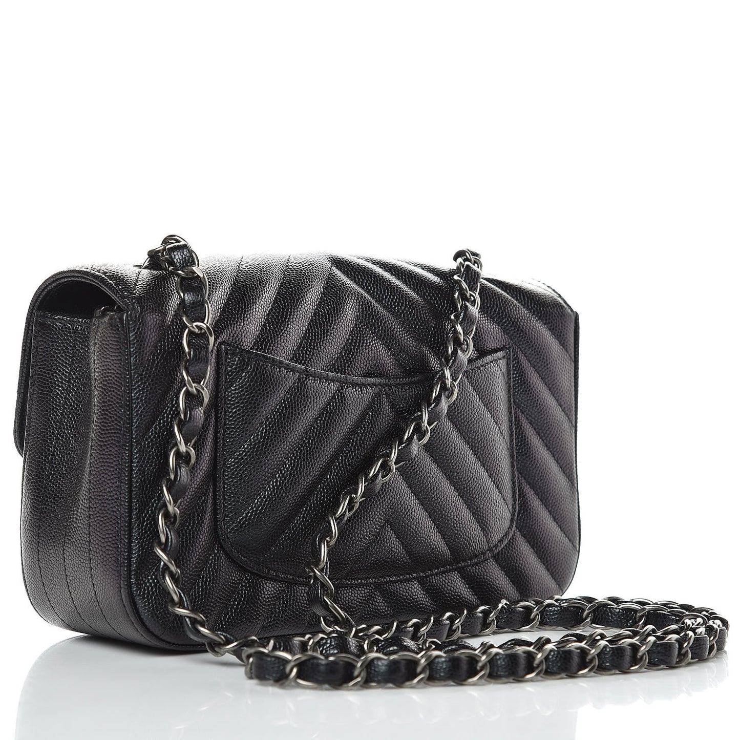 Iridescent Caviar Chevron Quilted Mini Rectangular Flap Black