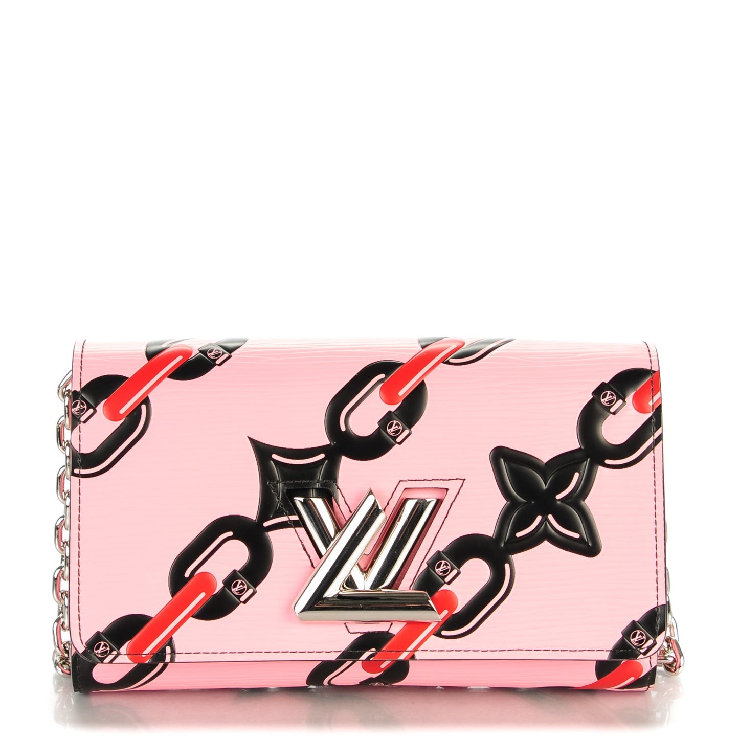 Epi Chain Flower Print Twist Chain Wallet Pink